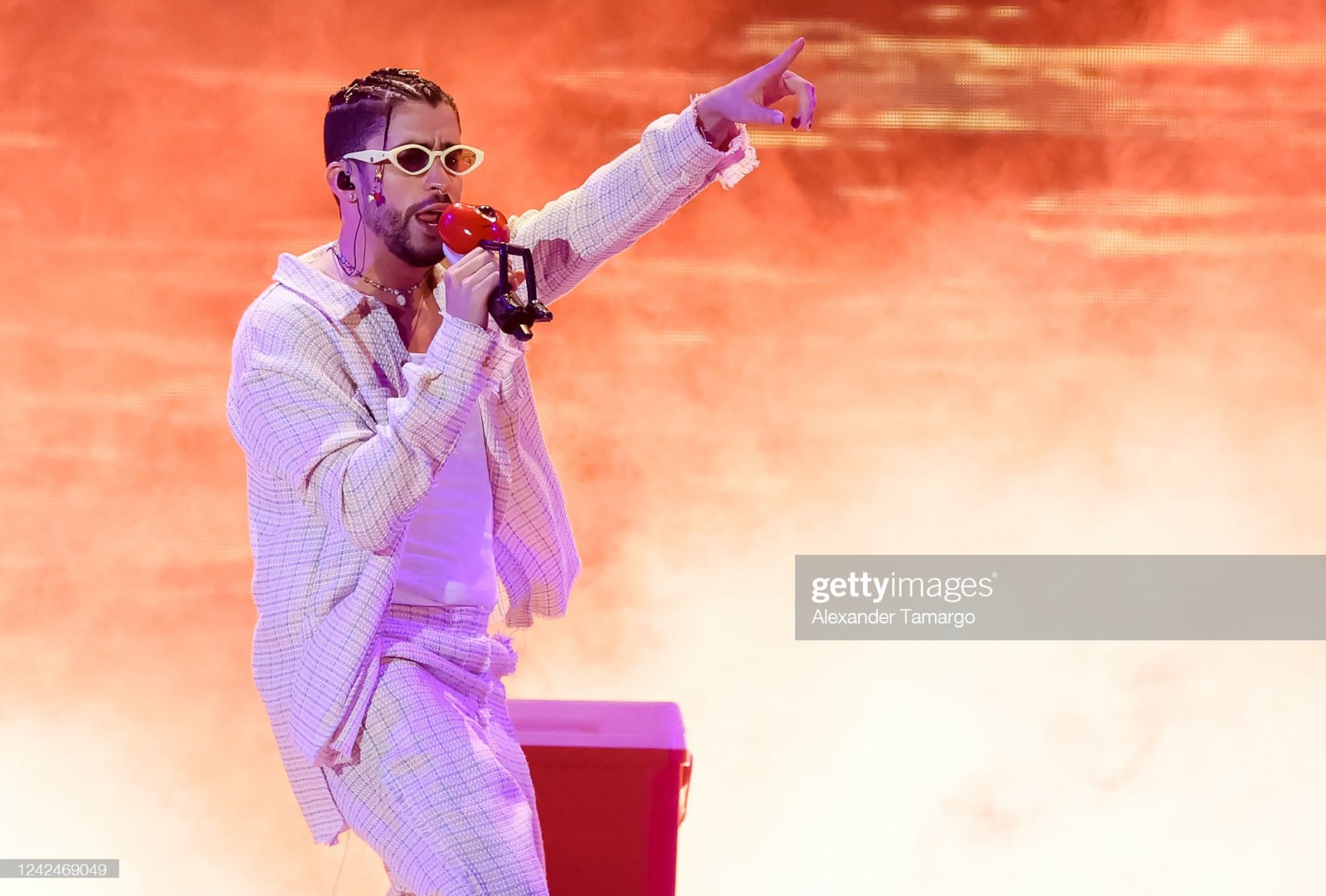 MIAMI GARDENS, FL - AUGUST 12: Bad Bunny performs on stage during his World's Hottest Tour at Hard Rock Stadium on August 12, 2022 in Miami Gardens, Florida.  (Photo by Alexander Tamargo/Getty Images)