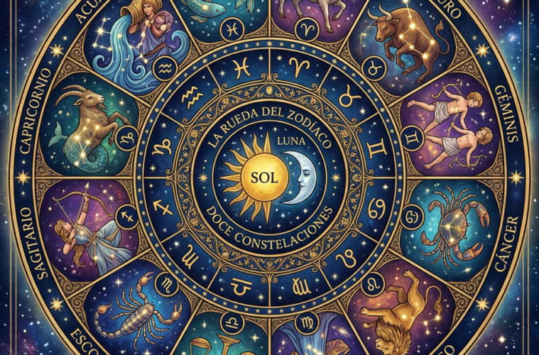 Rueda zodiacal con los 12 signos astrológicos y sus símbolos