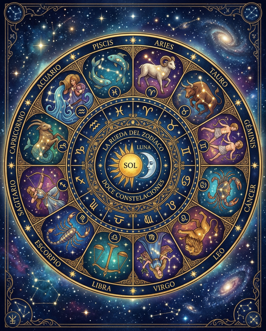 Rueda zodiacal con los 12 signos astrológicos y sus símbolos